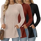 Oakgarden 3 Pack Women's Long Sleeve Shirts with Side Split Crew Neck Lightweight Tunic Sweaters Ribbed Casual Fall Tops