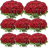 Hotop 80 Pcs Rose Artificial Flowers Bulk with Long Stem, Silk Roses Realistic Fake Flowers Bouquet for Wedding Table Centerpieces Bridal Shower Party Home Decorations(Burgundy)