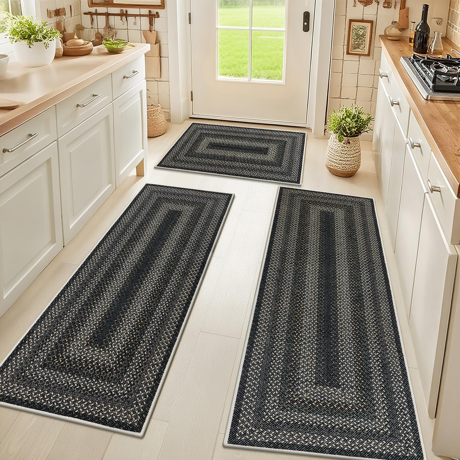 Photo 1 of HEBE Washable Kitchen Rugs Sets of 3, Non Slip Absorbent Kitchen Rugs and Mats, Farmhouse Stain Resistant Faux Jute Kitchen Mat Carpet Runner for Kitchen Floor, Laundry Room, Hallway, Black/Gold