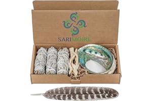 SARIMOIRE Sage Smudge Kit - White Sage Smudge Sticks - 4in ~ Abalone Shell 5-6in ~ 2in Tripod Stand ~ 9-12in Feather and White Sand