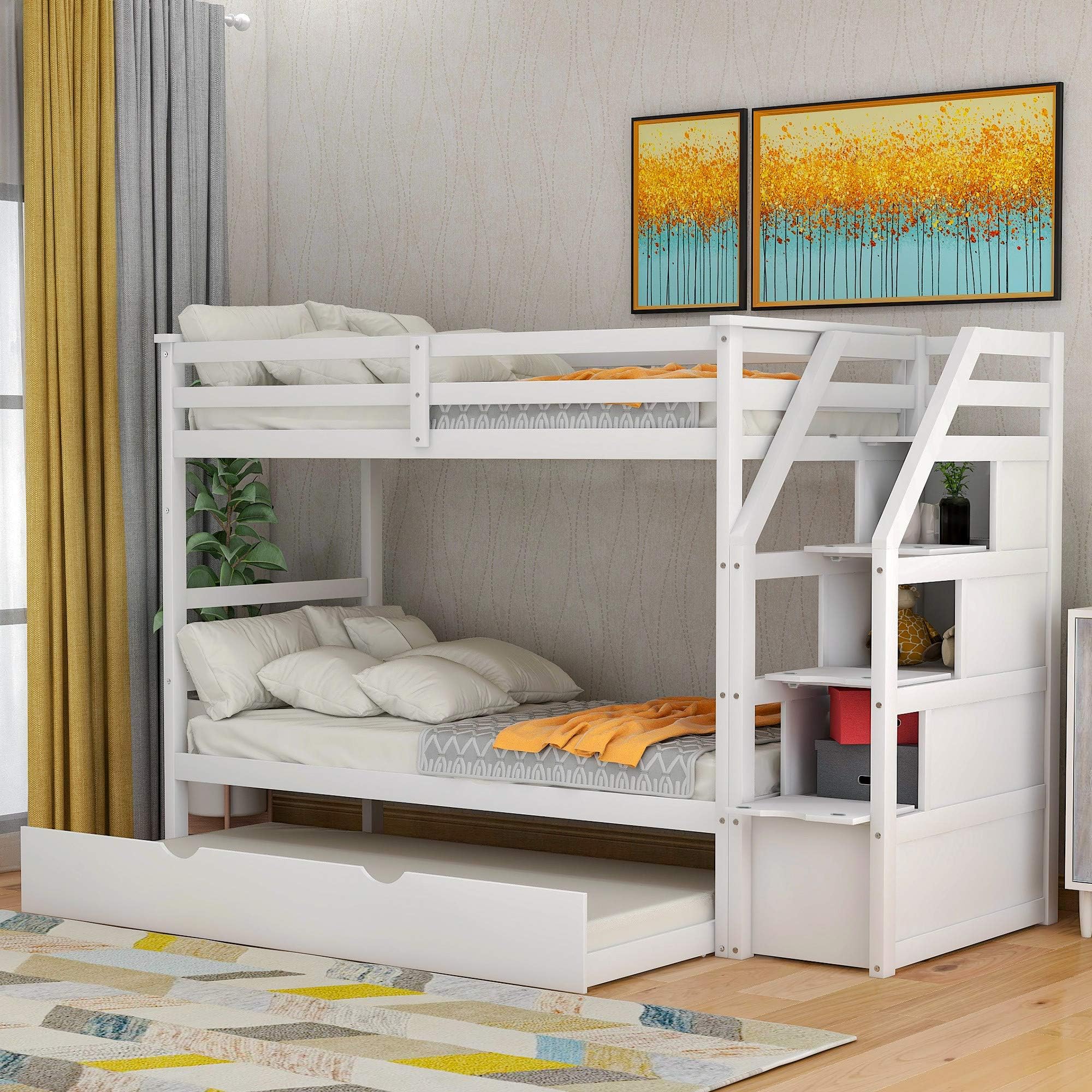 DERCASS Twin-Over-Twin Trundle Bunk Bed with 3 Storage Drawers (White)