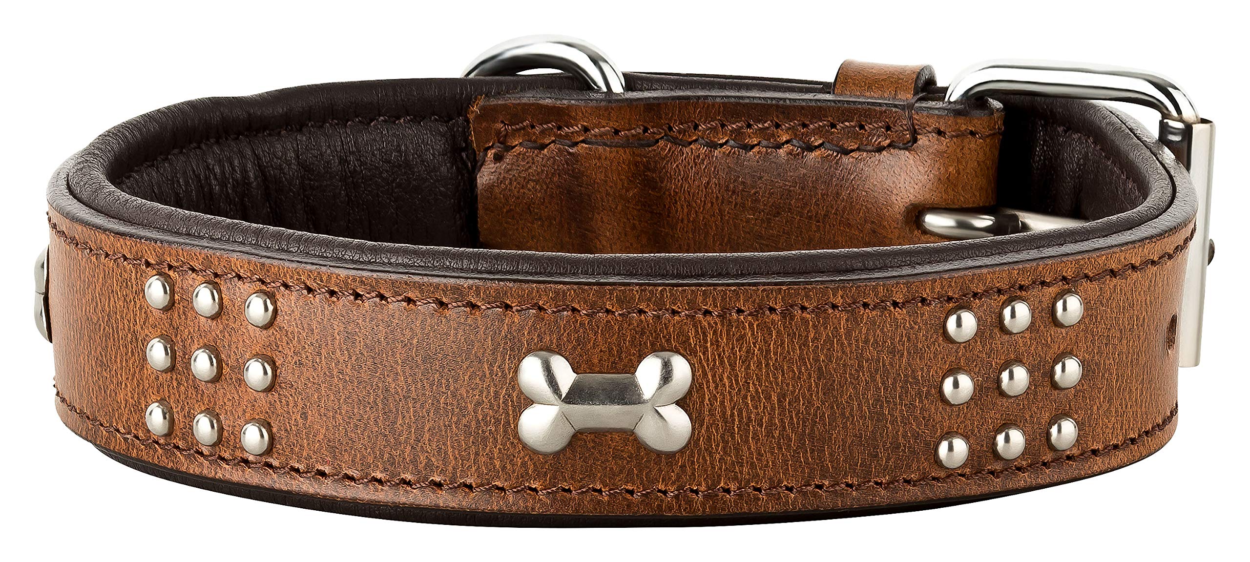 Schnüffelfreunde Leather Dog Collar "Nala" with Rivets and Metal Bone Applications (L - 36-45cm, Brown)