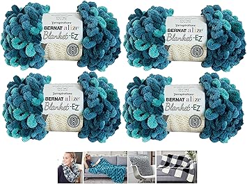 Bernat Alize Ez Blanket Yarn Bundle 100 Polyester 4 Pack Seaport Teals Plus 4 Patterns