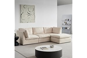 Moxoq Modern Luxury Down Filled L-Shaped Sectional Sofa Set, Minimalist Style Linen Fabric Upholstery Modular Fluffy Cloud Couch with Convertible Ottoman Chaise (Beige, L-Shaped Down)