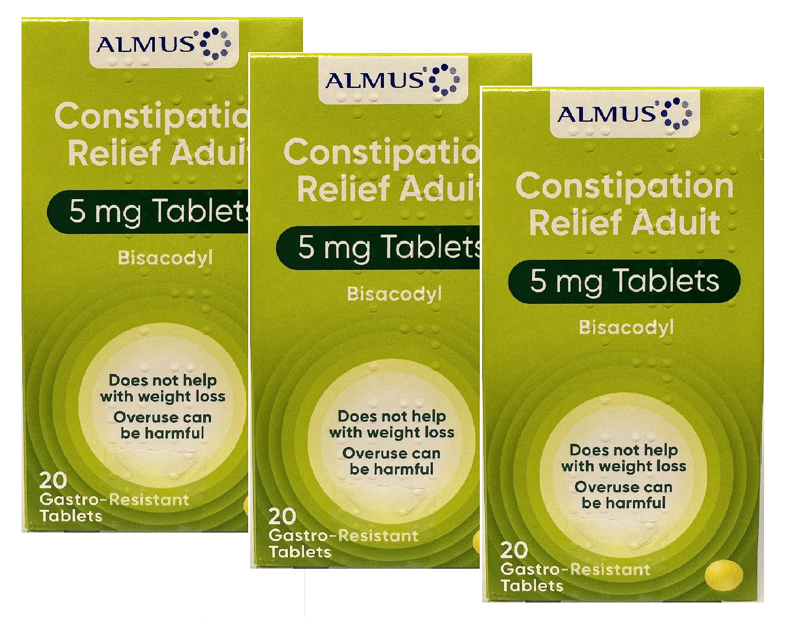 Almus Constipation Relief Gastro-Resistant Tablets 5 mg Bisacodyl - 3 x 20 Tablets