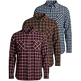 Real Essentials 3 Pack: Men's Long-Sleeve Flannel Button Down Plaid Casual Shirt (Available in Big & Tall)