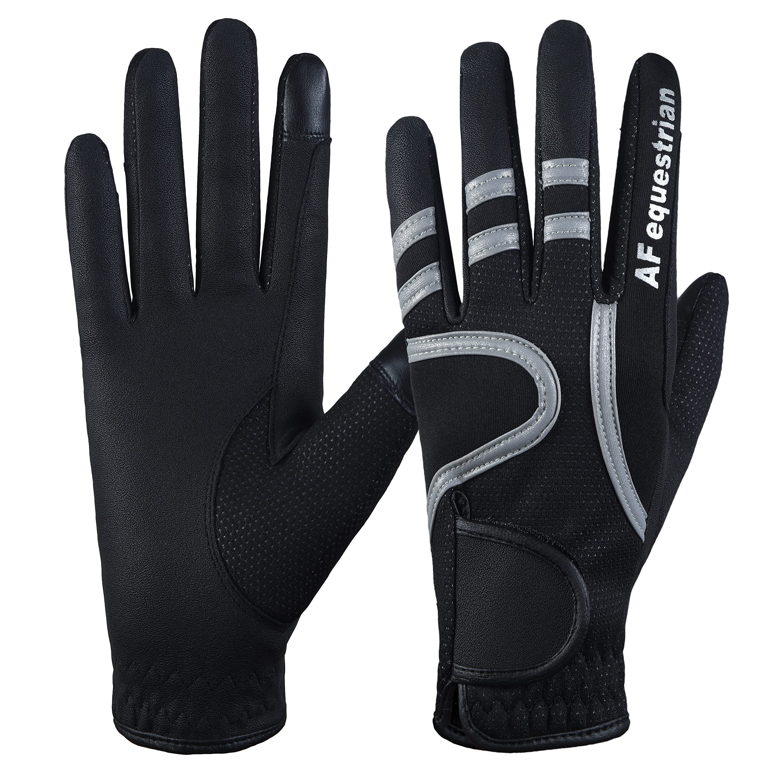 AFE Ladies Horse Riding Gloves Track Fabric Gloves Synthetic Leather Equestrian Black Stretch Fabric Thermal Lined Winter Gloves With High Vis Lines (Medium)