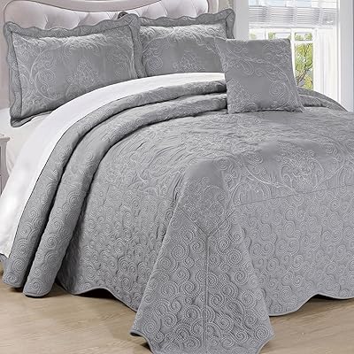 Serenta Damask 5-Piece Embroidery Coverlet Set with Pleated Bedskirt