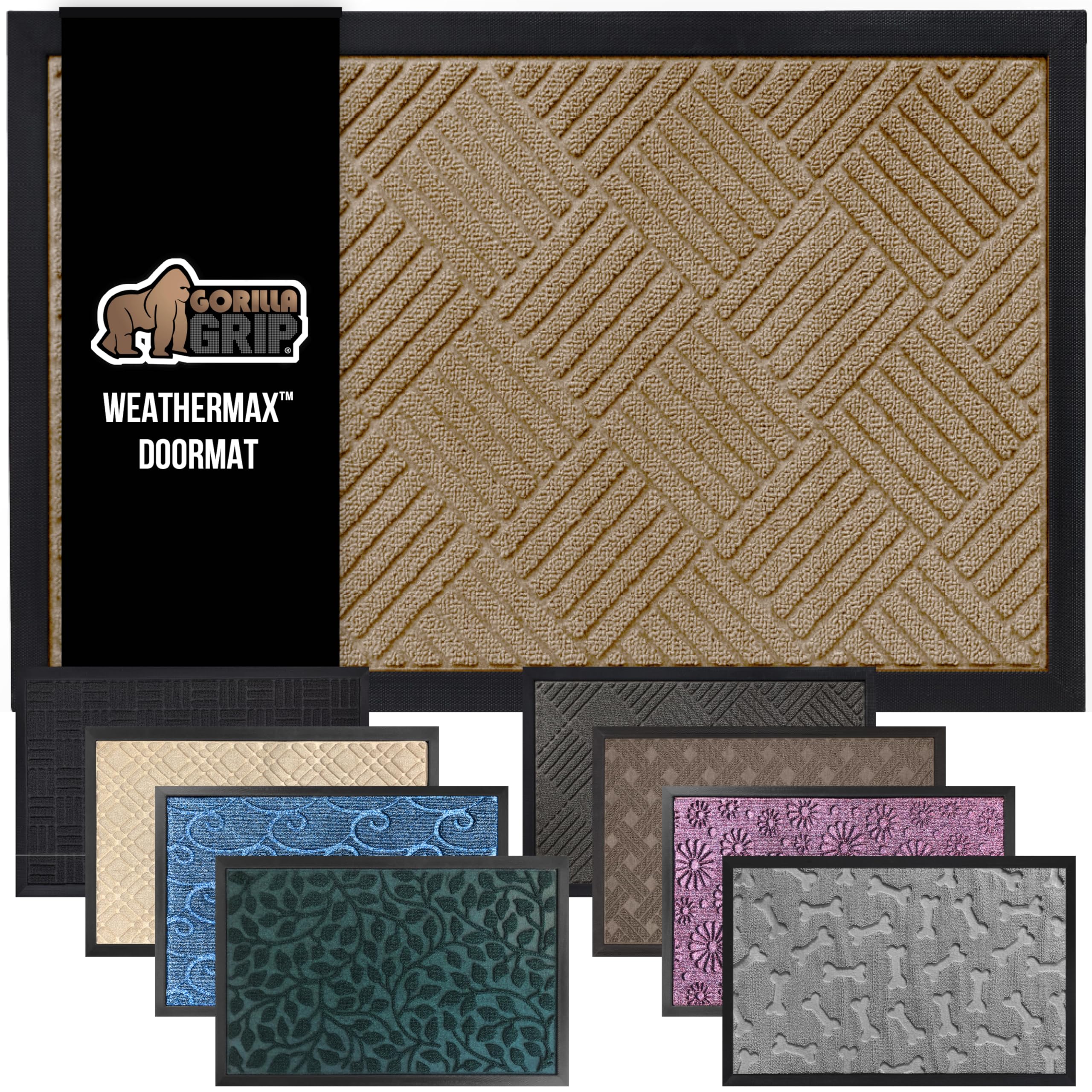 Photo 1 of GORILLA GRIP 100% Waterproof All-Season WeatherMax Doormat US Designed Natural Rubber, Stain and Fade Resistant, Low Profile Indoor Outdoor Door Mats, Easy Clean Patio Mat, 23x35, Beige Diamond