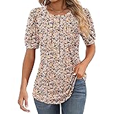 Riyiper Women's Short Sleeve Pleated Tops Crew Neck Puff Sleeve Spring Blouses Tunic Top Summer Dressy Casual T Shirt
