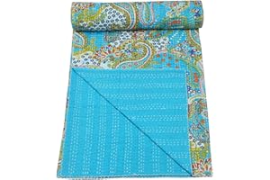 Marubhumi Indian Handmade Paisley Print Cotton Kantha Quilt (Sky, King (108"x 108"))