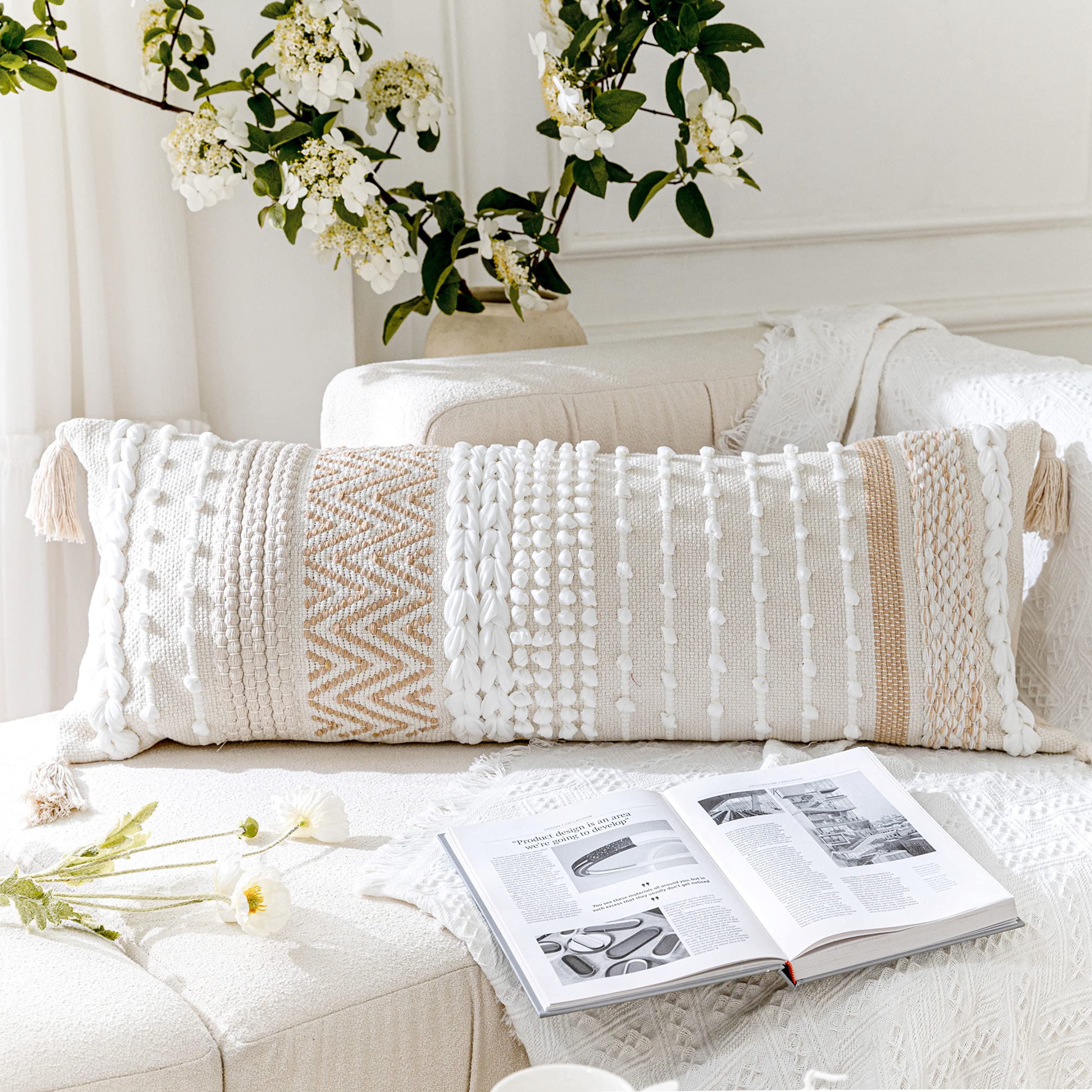 BlissBlush Cream Decorative Lumbar Throw Pillow Cover 14x36 Boho Long Cushion for Bed Neutral Beige White Accent Modern Farmhouse Pillowcase for Bedroom Living Room Couch Sofa Home Décor Cover ONLY