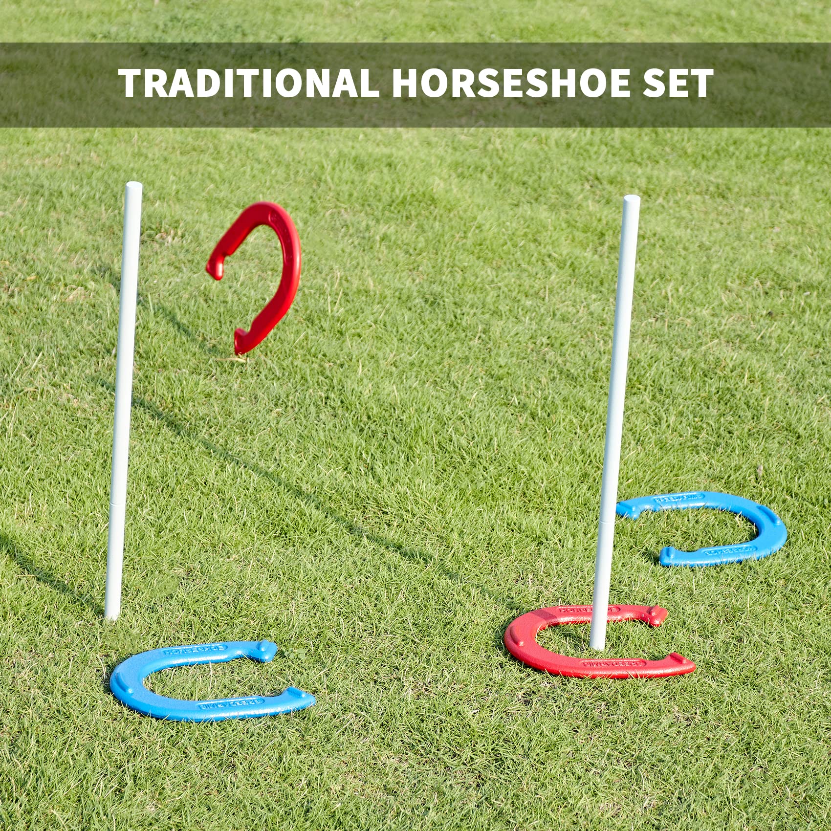 SpeedArmis Horseshoes Outside Game Set - Universal Size Lawn Horseshoes Outdoor Games for Parties Beach Backyard, Includes 4 Horseshoes, 2 Steel Stakes and Durable Carrying Bag