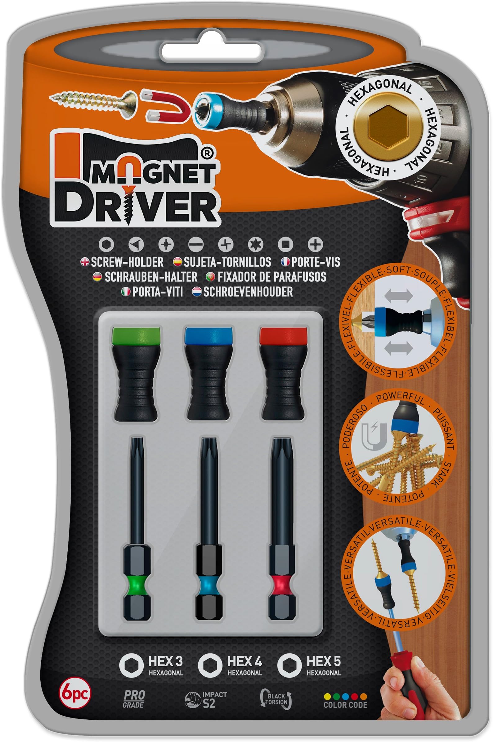 Magnetic BIT Holders and HEX BITS Magnet Driver® B33 - A Simple but Innovative Way to Make Sure Your Screws are Always Straight and Never Fall Down. 3 bits HEX and 3 Magnet Driver®