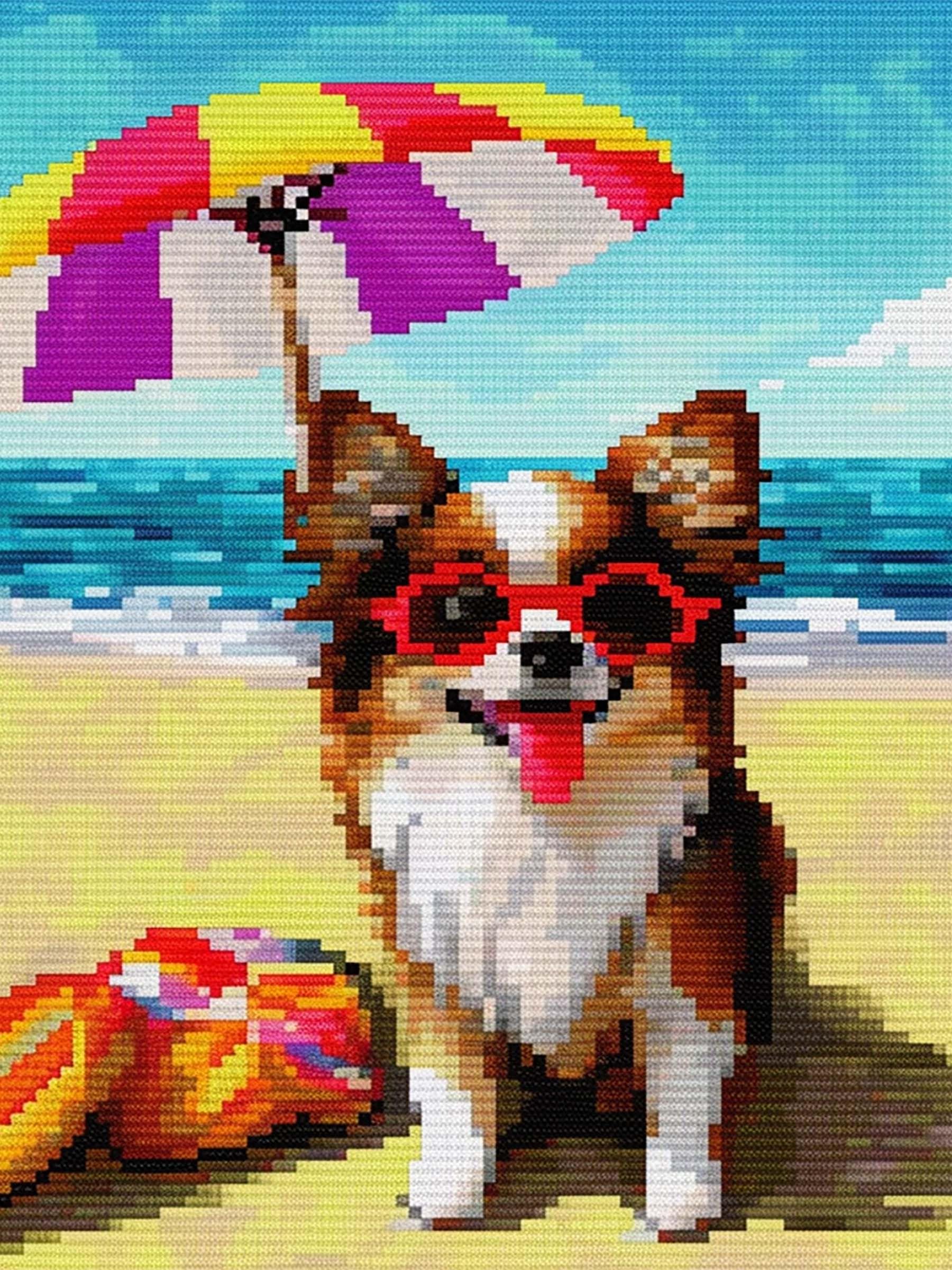 Ginfonr 5D DIY Diamond Painting Art Beach Sunglasses Dog Full Drill by Number Kits, Pet Holiday Paint with Diamonds Puppy Animal Craft Rhinestone Cross Stitch Decor (12x16 inch)