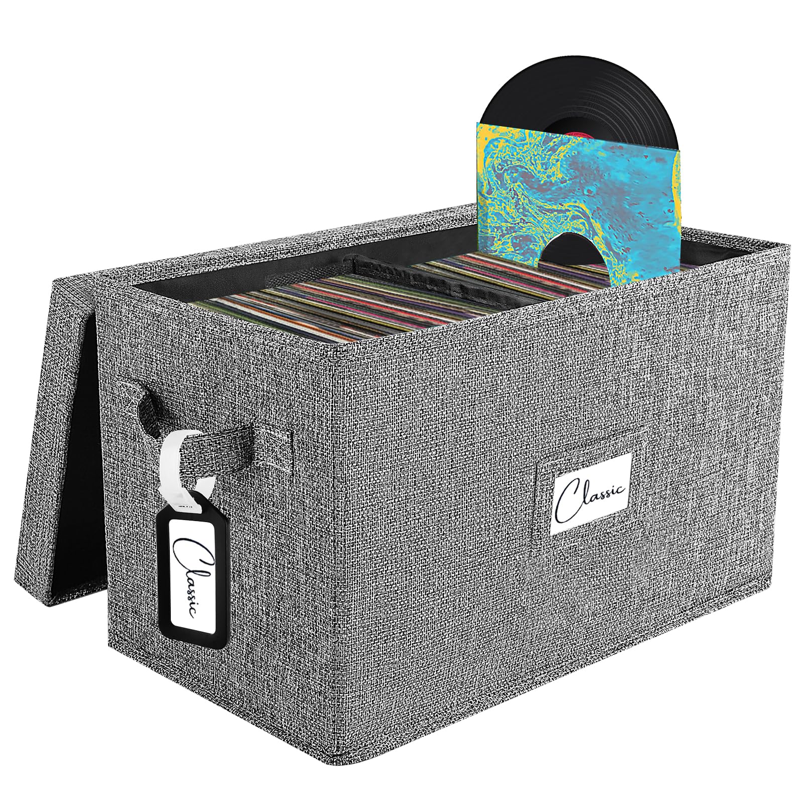 Woodoulogy Vinyl Record Storage Box for 7"/45 RPM LPs, Grey Case with Lid Holds up to 80 Albums, CD Crate Play Music Collection Holder, Collapsible File Folder Cabinet Organizer with Handle