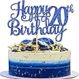 1 PCS Happy 20th Birthday Cake Topper Glitter Cheers to 20 Years Birthday Cake Pick Twenty 20 Fabulous Cake Decoration for Happy 20th Birthday Theme Party Decorations Supplies Blue