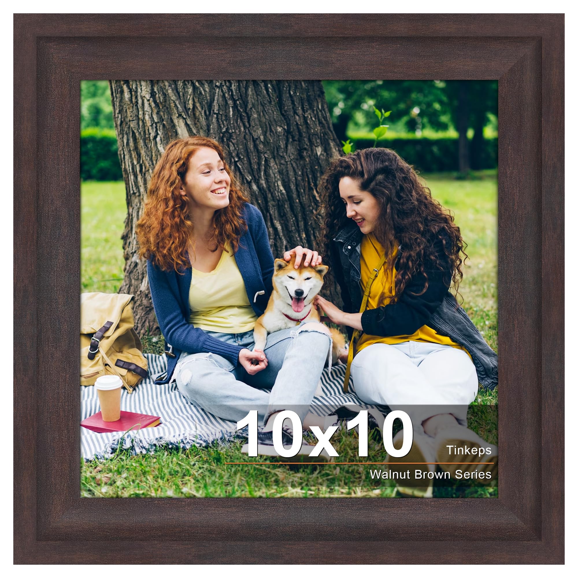 Photo 1 of 10x10 Picture Frame Walnut Brown with Black Back Board, Curved Extra Wide Edges, Vintage Style Picture Frame 10x10 inches for Wall