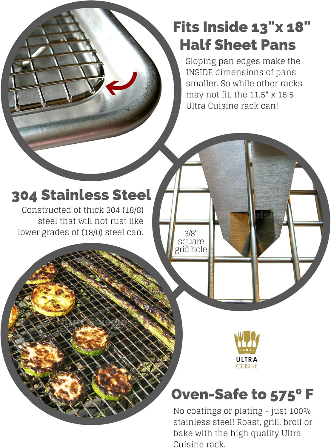Oven-Safe, Dishwasher-Safe 100% Stainless Steel Wire Cooling Rack for Baking - Large Wire Baking Rack fits Half Sheet Pans - Food-Safe, Heavy Duty - Cooling and Oven Cooking - 11.5 x 16.5-inch: Kitchen & Dining