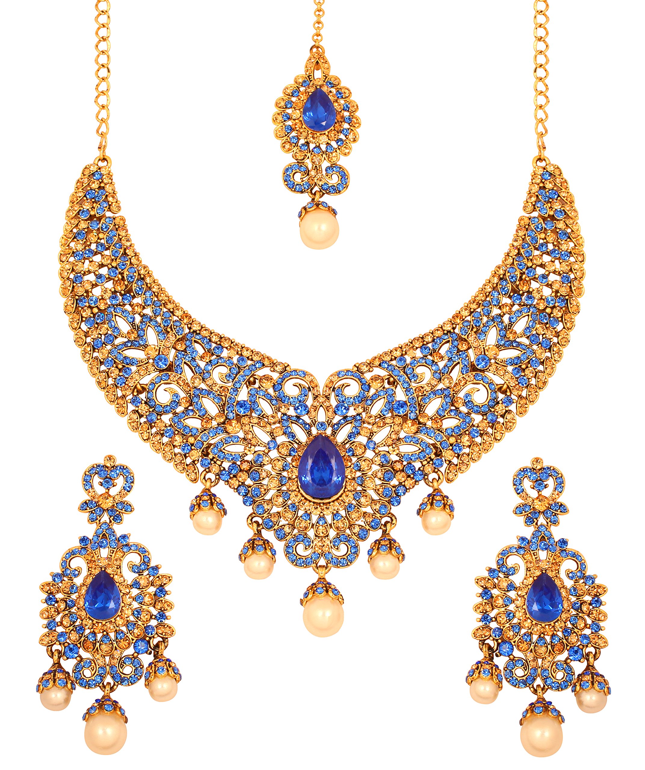 Touchstone Indian Bollywood Blue and Yellow Color Bridal Jewelry Necklace in Antique Gold Tone for Women