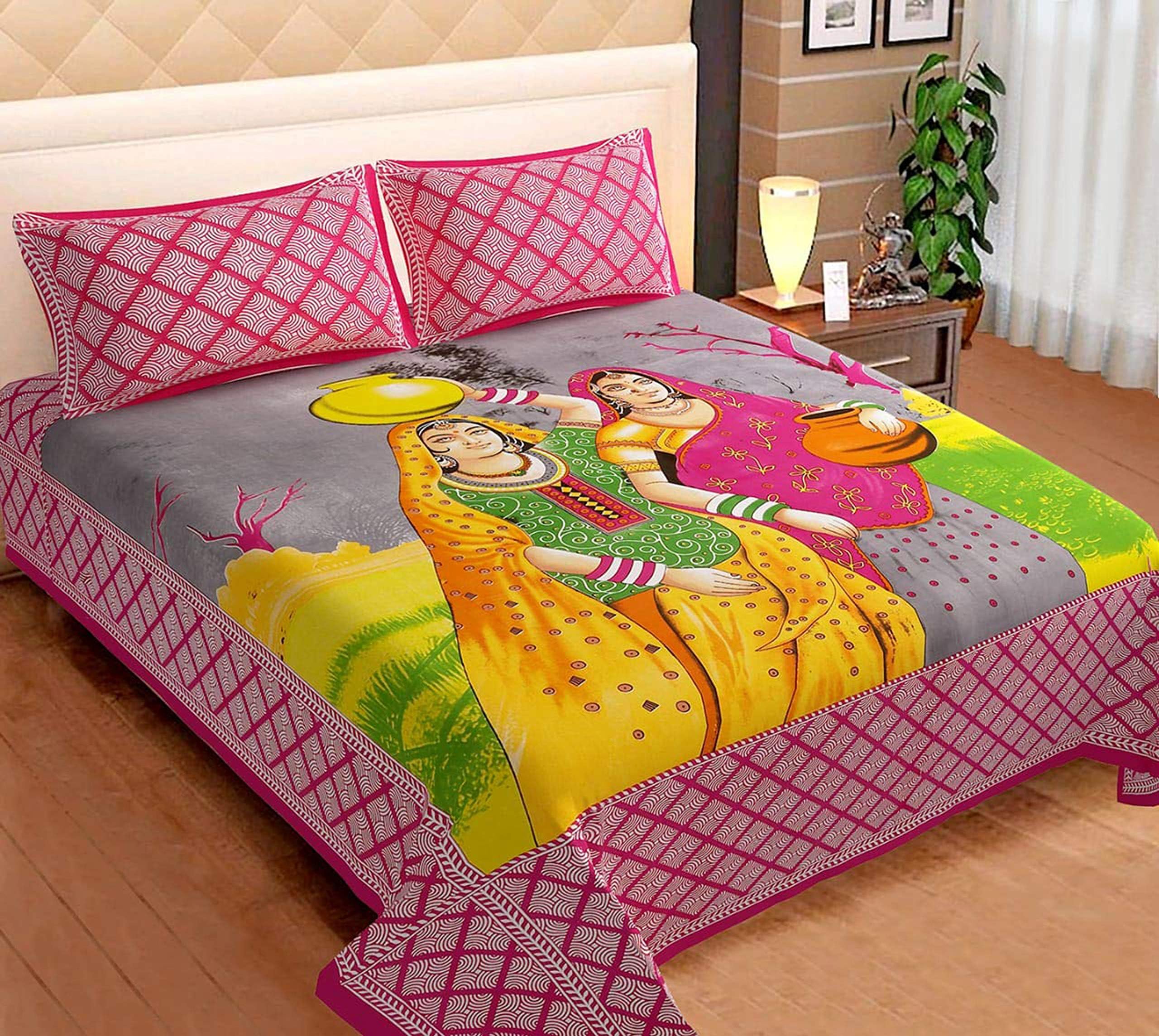 Paramorasi Traditional Cotton Jaipuri Print Double Bedsheet with 2 Pillow Covers