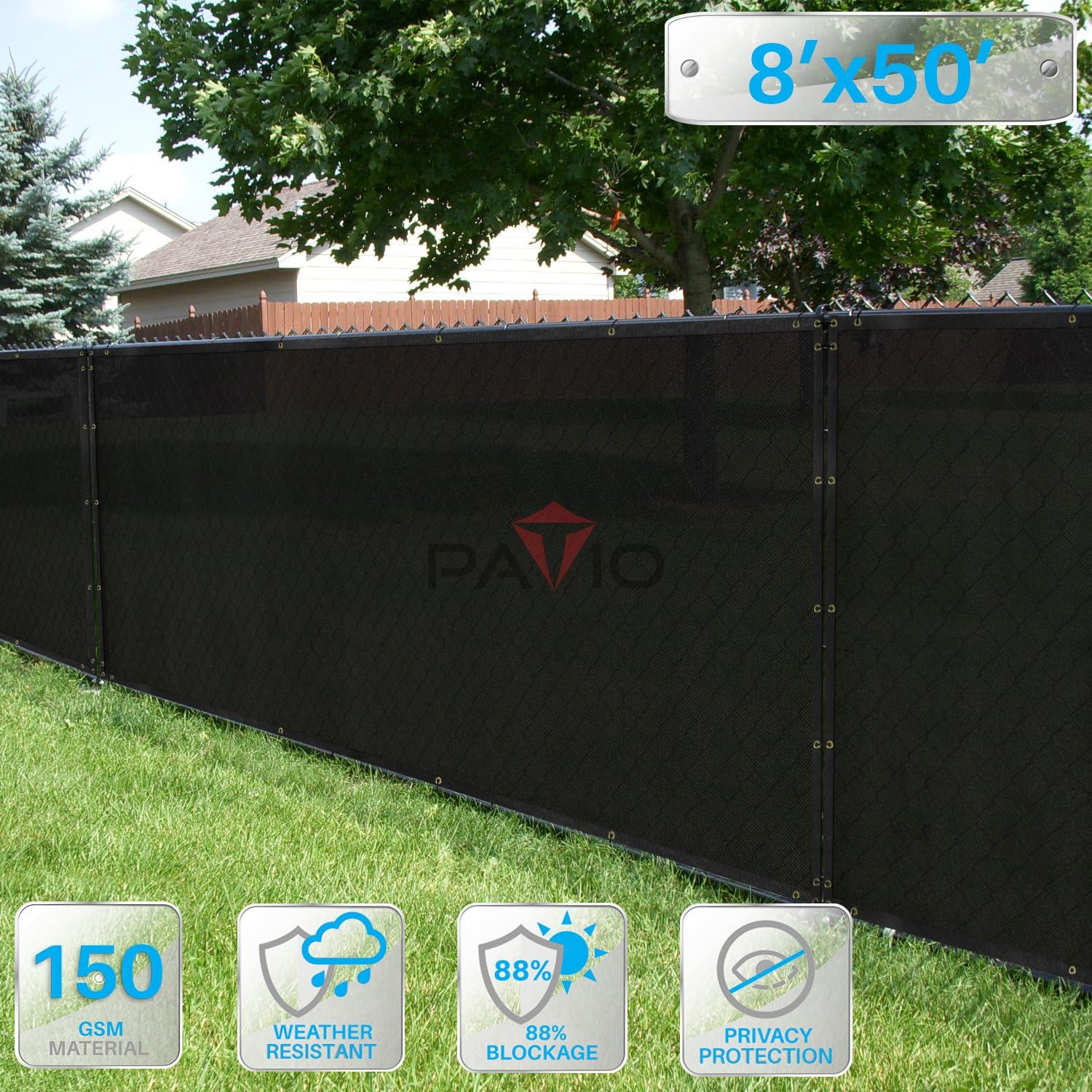 Patio Paradise 8' x 50' Black Fence Privacy Screen, Commercial Outdoor Backyard Shade Windscreen Mesh Fabric with Brass Gromment 88% Blockage- 3 Years Warranty (Customized