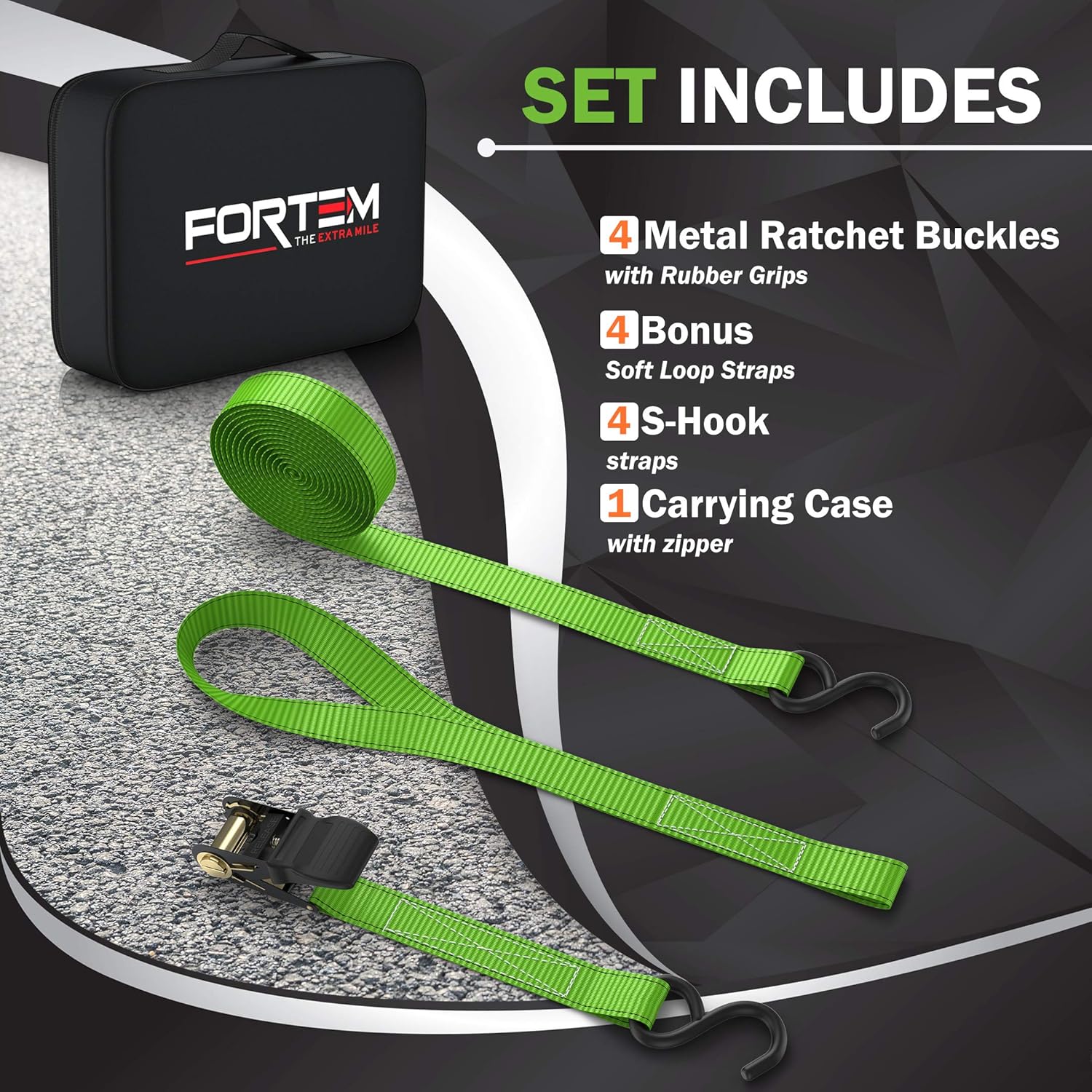 FORTEM Ratchet Straps, 748kg Break Strength, 4 Pack 4.6m x 2.54cm Tie Down Strap Set, 4 Soft Loops - Image 4
