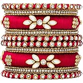 Aheli Silk Thread Kundan Studded Chura Chuda Bangle Set Gift for Women (2.8 inch, Red) (Size 2.8)