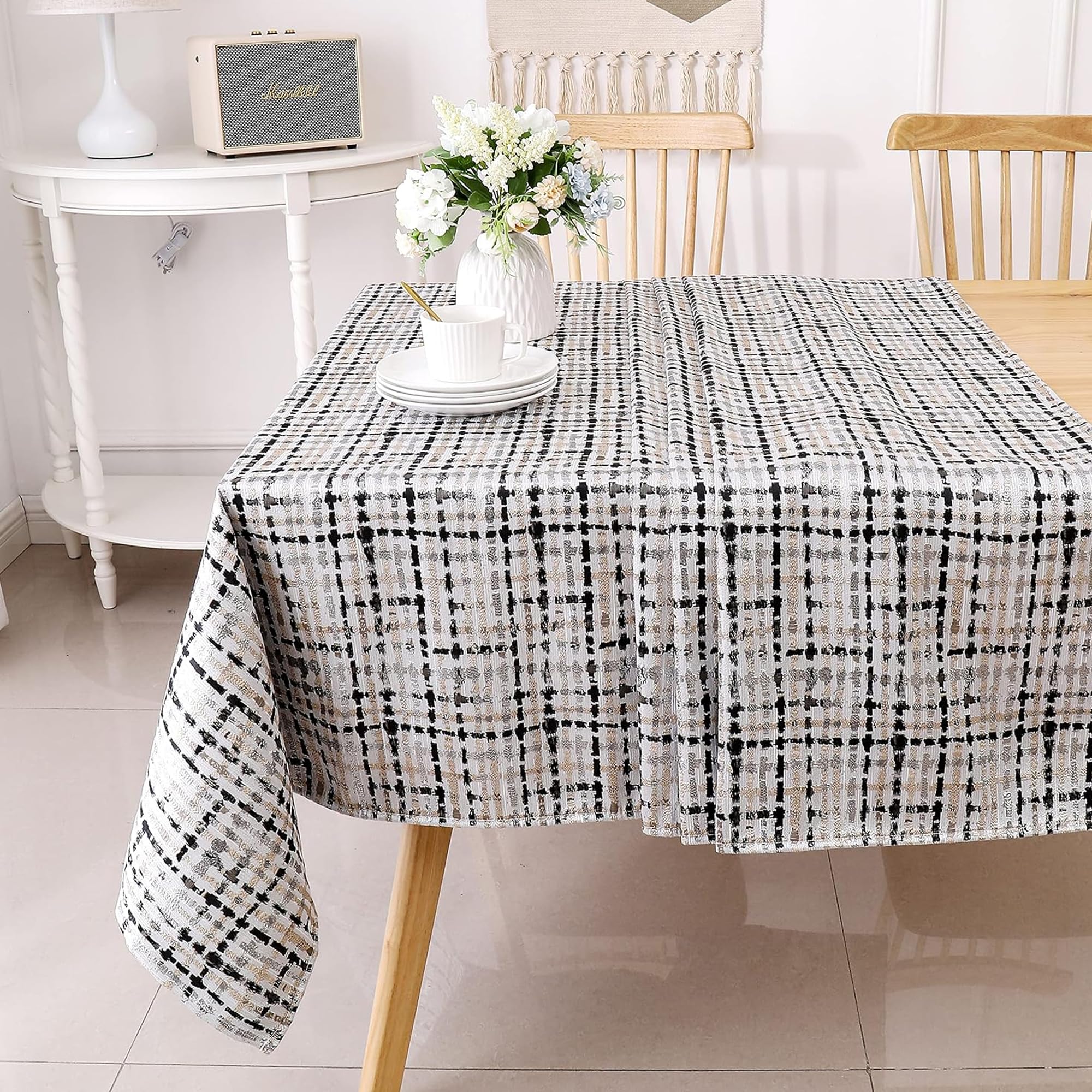Majestic Giftware Polyester Tablecloths for Rectangle Tables | (70/120) - TC1349 Jacquard Black Weave Print Hem Stitch Dining Table Cover | Decorative Washable Tablecloth for Kitchen, Dining