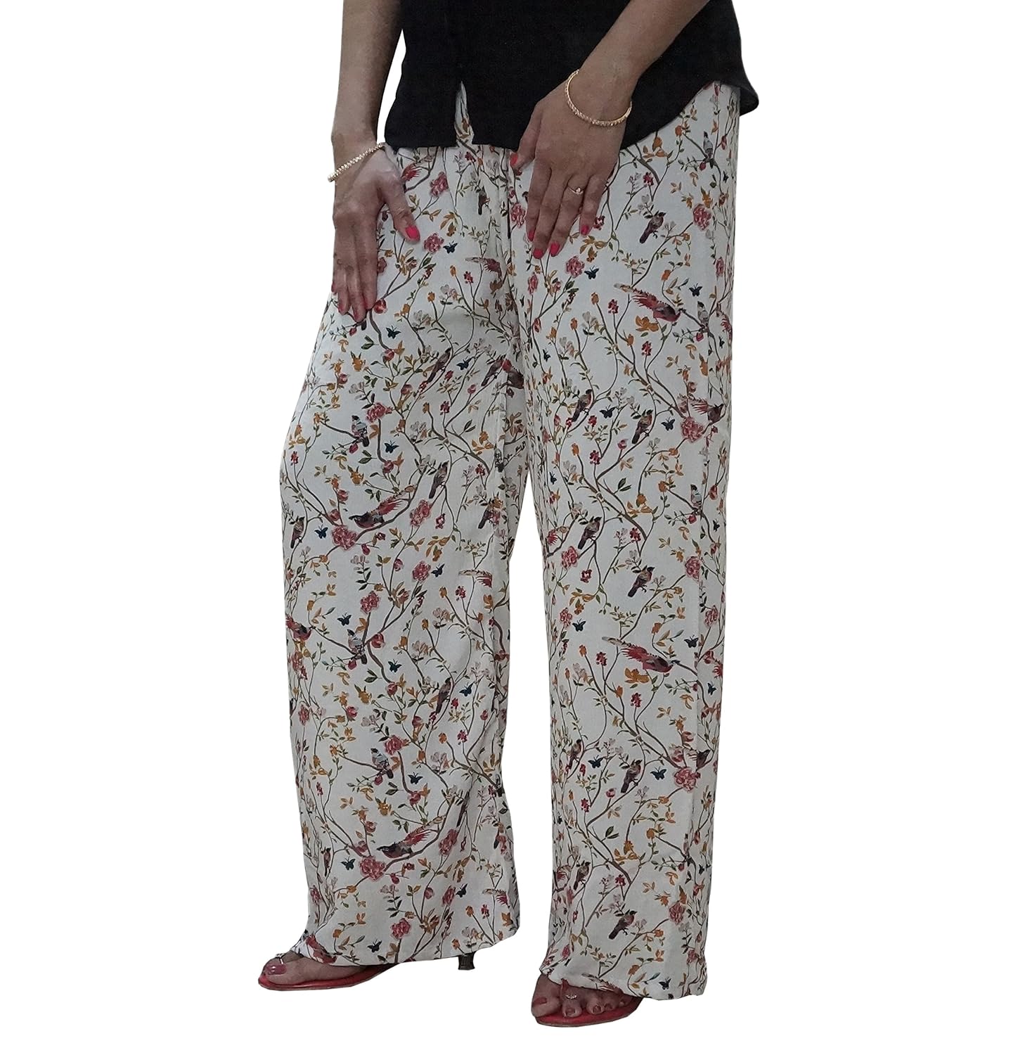 discountzila bird print crepe palazzo pants for women
