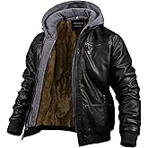 CREATMO US Men's Faux Leather Jacket Motorcycle Jacket Waterproof Windproof PU Moto Vintage Bomber Hoodie with Removable Hood