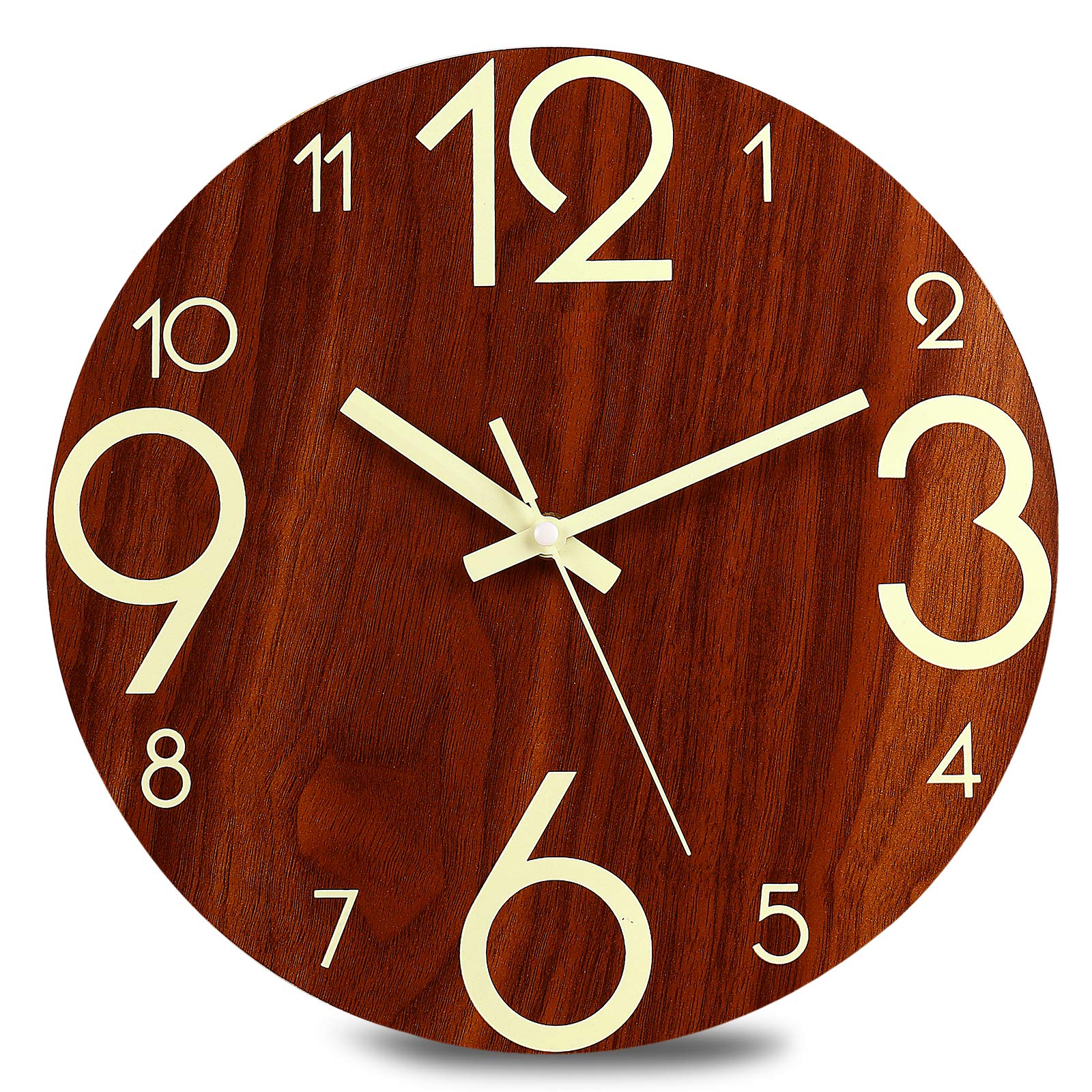 Plumeet Luminous Wall Clocks - 12'' Non-Ticking Silent Wooden Clock with Night Light - Large Decorative Wall Clock for Kitchen Office Bedroom (Flat Number)