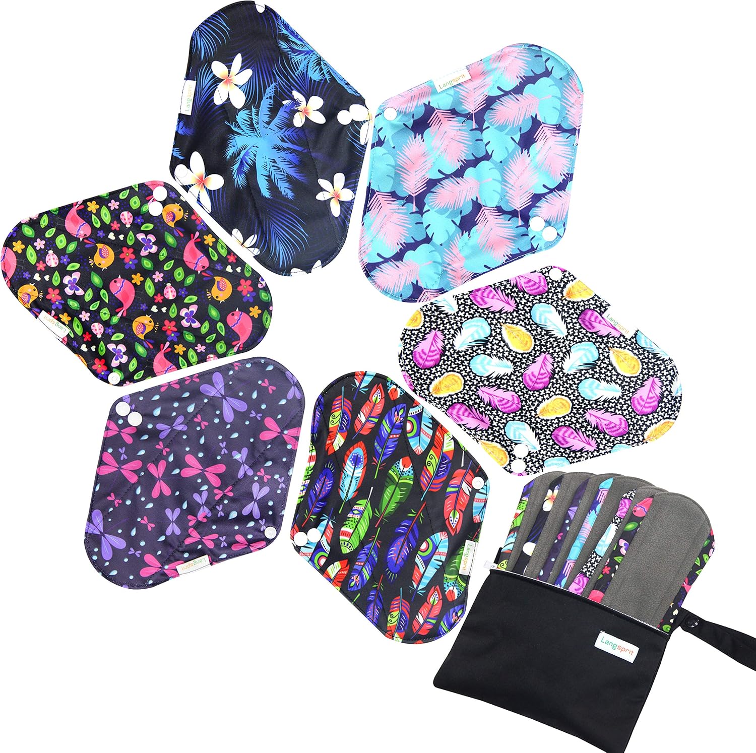 7pcs Set 1 pc Mini Wet Bag +6pcs Absorbent Reusable Sanitary Pads/Washable Bamboo Cloth Menstrual Pads (M,Feather): Health & Personal Care