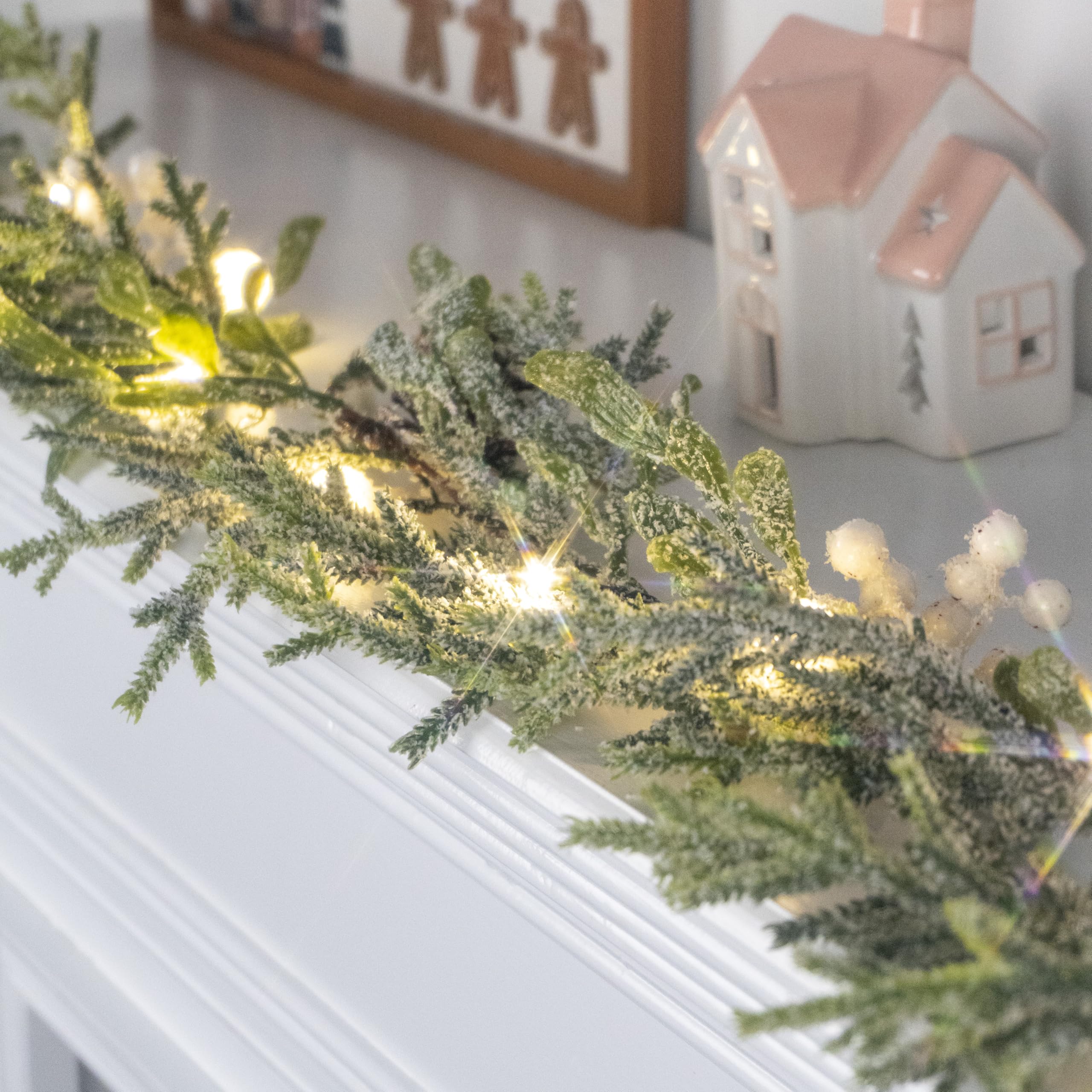 Photo 1 of 6FT Snowy Christmas Garland with Lights, Pre-Lit Garland with 20 Warm White LED, Pine Cones White Berries & Ornaments, Battery Operated or USB Plug-in, Winter Greenery for Indoor/Outdoor Decor