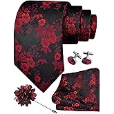 GUSLESON 3.15"（8cm） Mens Floral Tie and Lapel Pin Necktie Hankerchief Cufflinks Set for Men