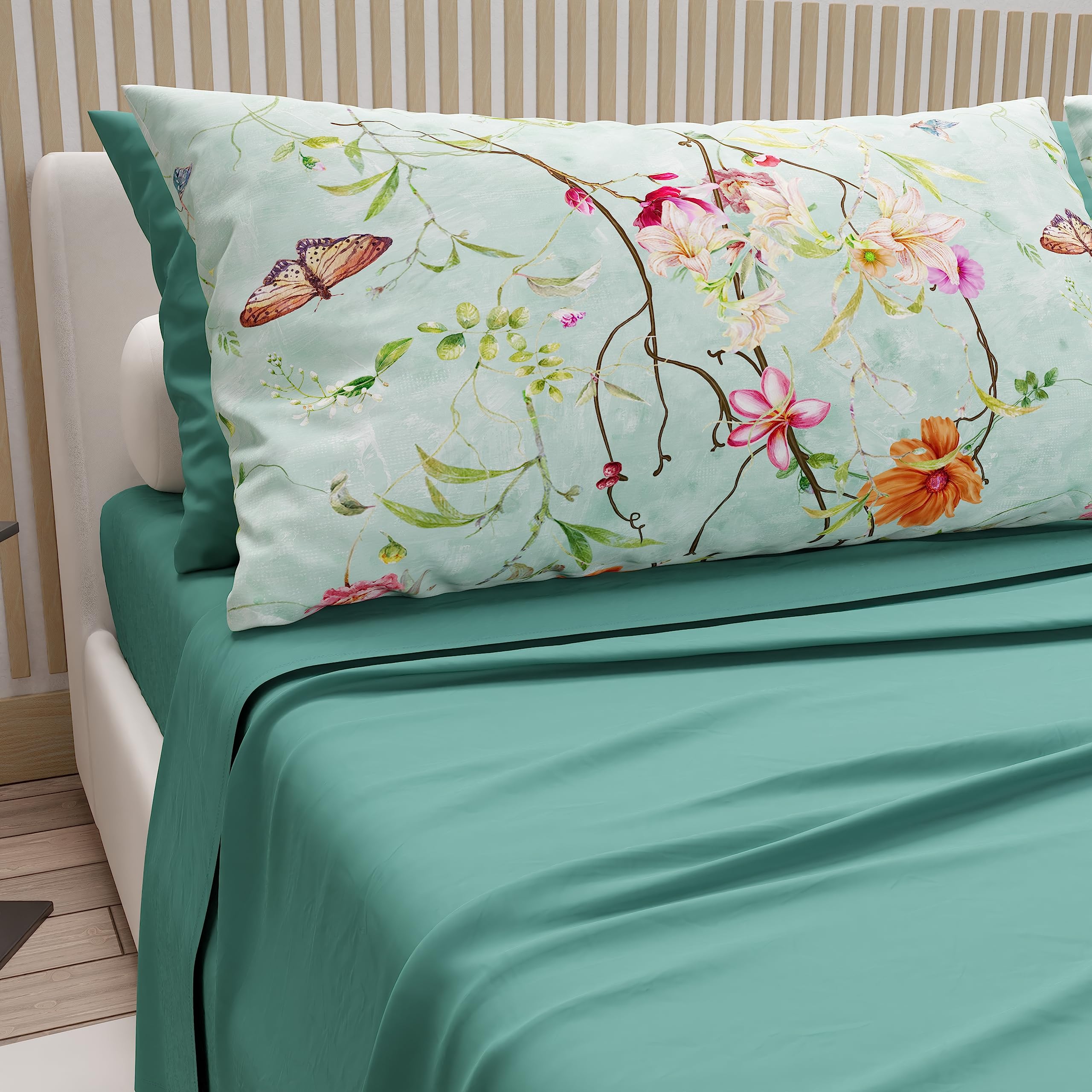 PETTI Artigiani Italiani - Cotton Sheets with Pillowcases in Digital Print, Double Bedsheets, Double Bed Set, Teal, 100% Made in Italy
