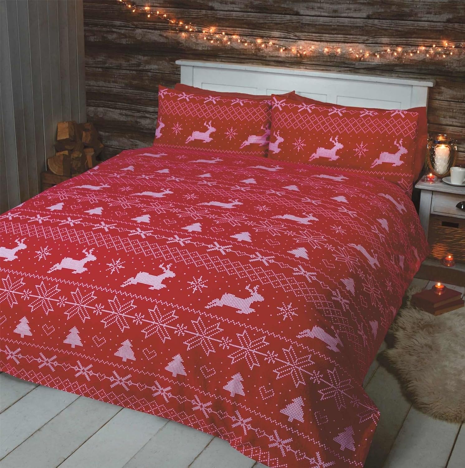 NORDIC CHRISTMAS REINDEER RED WHITE 100 BRUSHED USA QUEEN SIZE COVER 230