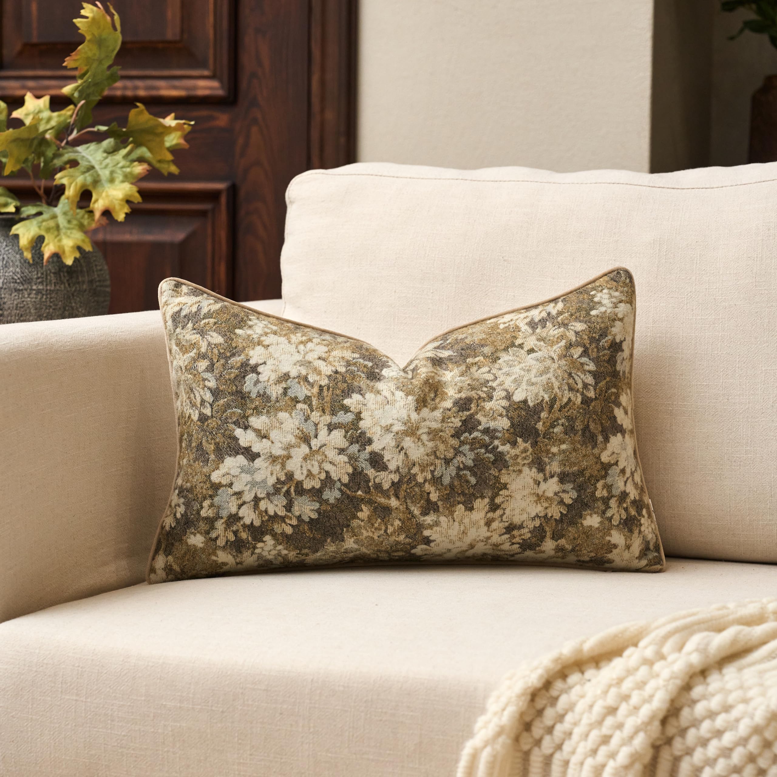 Photo 1 of Yangest Neutral Floral Pillow Cover 12 x 20 Inches, Vintage Chenille Rectangle Throw Pillow Cover Soft Decorative Farmhouse Accent Couch Pillow Cover for Living Room Bedroom, Beige