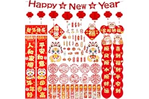 LeeLoon 89Pcs Chinese New Year Decoration 2025 Chinese Couplets Chunlian Red Envelopes Red Lantern Paper Lucky Hanging Ornaments Banner Chinese Fu Character Window Decor for Spring Festival