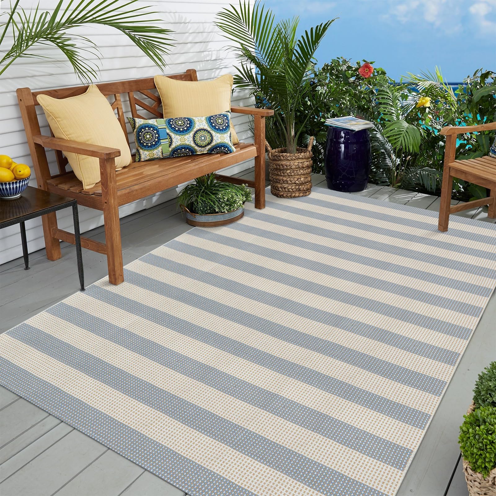 Photo 1 of OJIA Striped Outdoor Area Rug 5'x7' Outdoor Rug, Washable Patio Rug Farmhouse Cotton Woven Bedroom Rugs Indoor Outdoor Rugs Living Room Carpet for Dining Room Deck Backyard Camping (Blue/White/Tan)