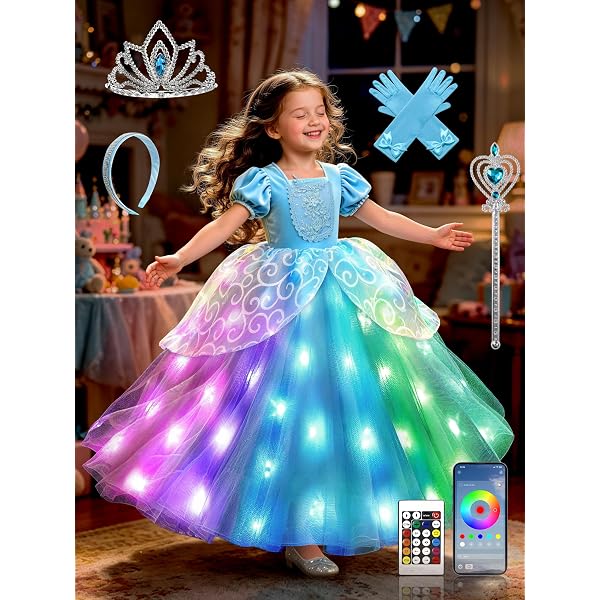 Amazon.com: Princess Dress for Girls, RGB LED Light Up Syncs Music App  Control Dress Up Clothes for Gilrs, Halloween Costume with Accessories  Toddler Princess Dress for Birthday Party, Christmas, 3-9 Years Old :