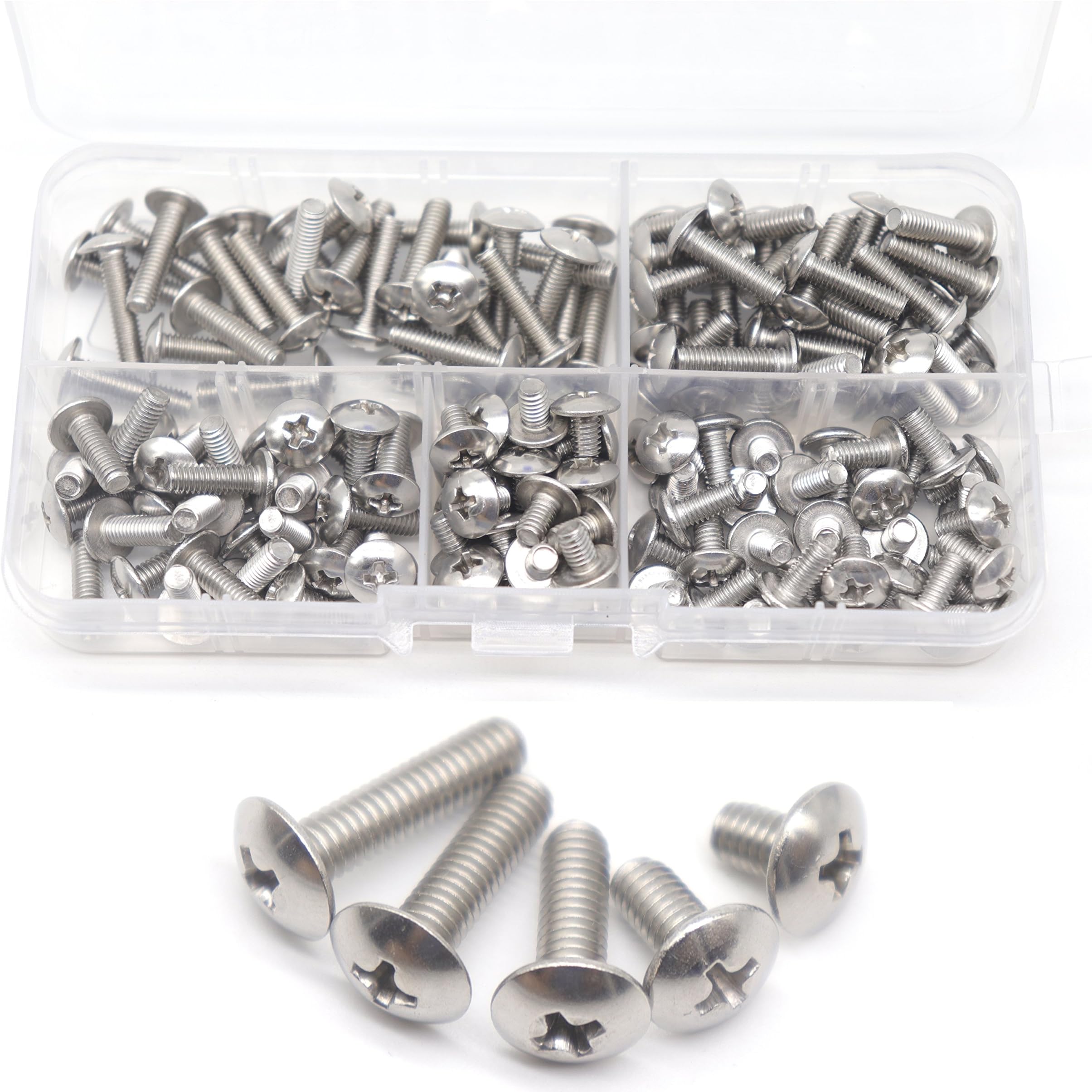 cSeao 100pcs 304 Stainless Steel M4 Truss Phillips Head Machine Screws Assortment Kit, M4x6mm/ 8mm/ 12mm/ 14mm/ 16mm