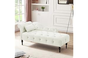 HomJoones Tufted Upholstered Velvet Rolled Arm Chaise Lounges Indoor Chair, Right Arm Facing Chaise Lounge with Nailhead Trim and 1 Pillow,for Living Room Bedroom Office (White)