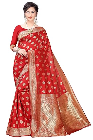 Leeza Store Red Banarasi Silk Jacquard Saree With Blouse Piece for Women