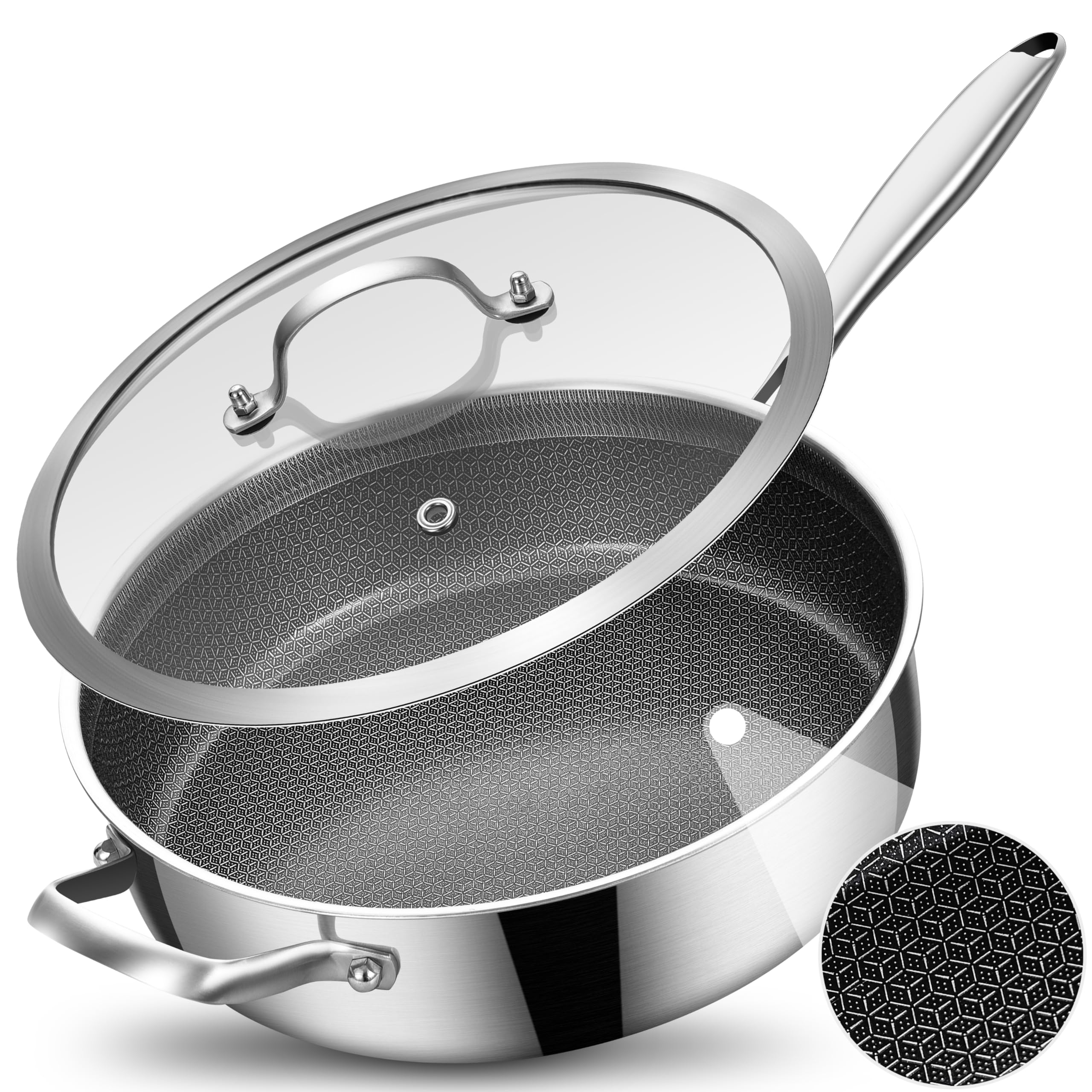 Photo 1 of LOLYKITCH 5 QT Hybrid Ceramic Coating Non Stick Tri-Ply Stainless Steel Sauté Pan with Lid, 12 Inch Deep Frying Pan PFOA & PFOS Free,Induction Cooking Pan, Dishwasher and Oven Safe