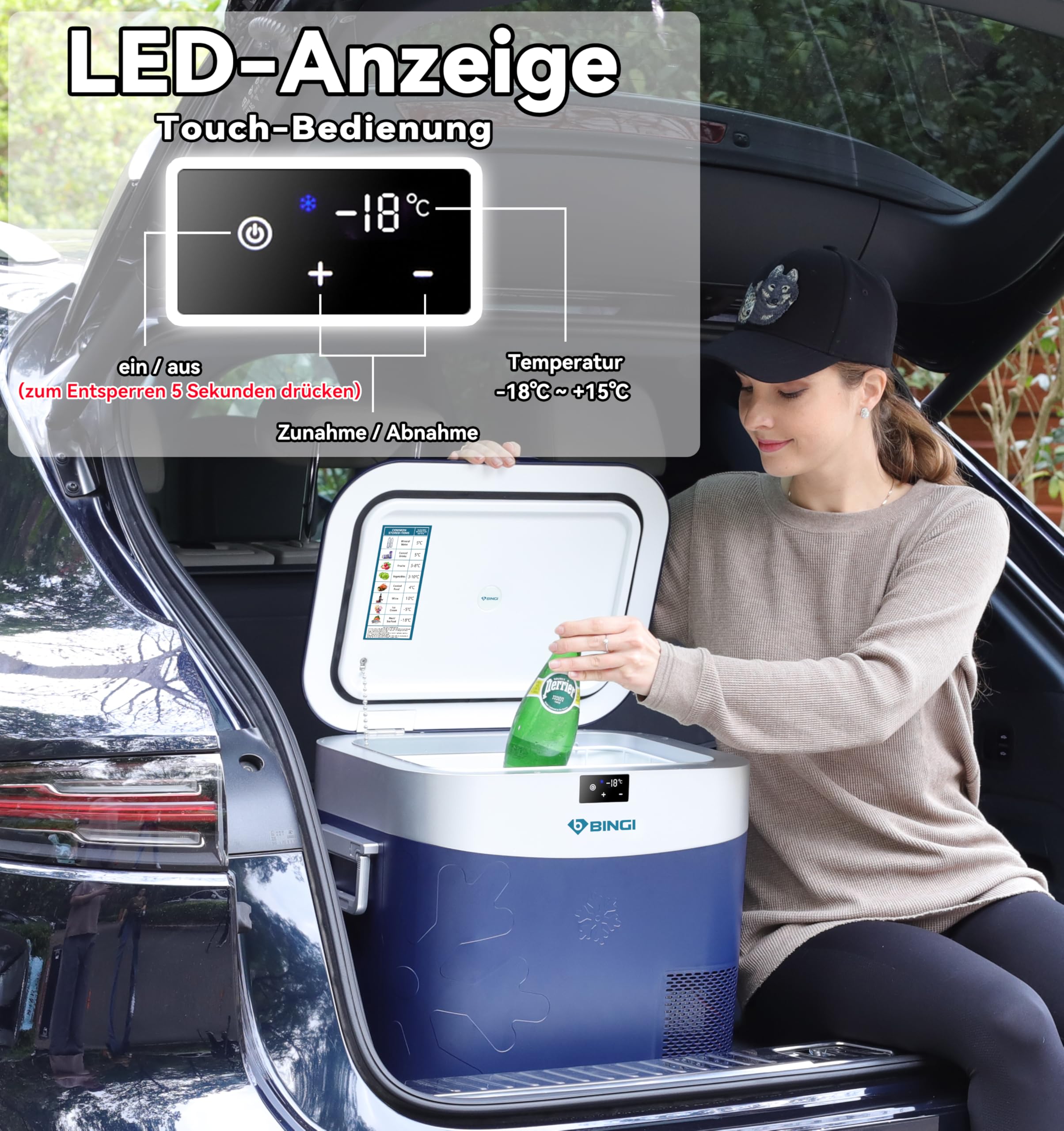 BINGI Kompressor Kühlbox 22L Tragbarer Auto Kühlschrank 12/24V DC und 230V AC Mini Gefrierschrank für Auto, LKW, Camping, Wohnmobil und Zuhause (15℃ bis -18℃) 5