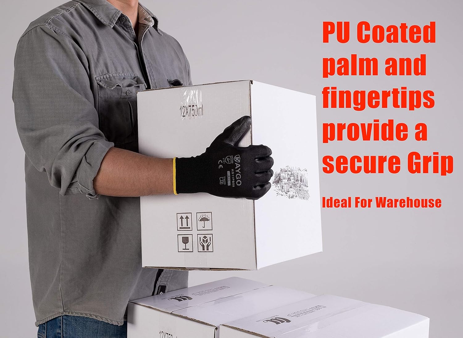 Safety Work Gloves PU Coated-12 Pairs, KAYGO KG11PB, Seamless Knit Glove with Polyurethane Coated Smooth Grip on Palm & Fingers, for Men and Women, Ideal for General Duty Work (Large, Black) - - 
