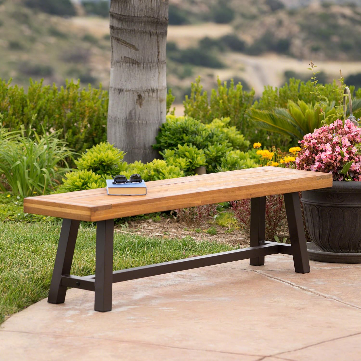 Christopher Knight Home Carlisle Outdoor Acacia Wood and Rustic Metal Bench, Sandblack Finish / Rustic Metal : Garden & Outdoor