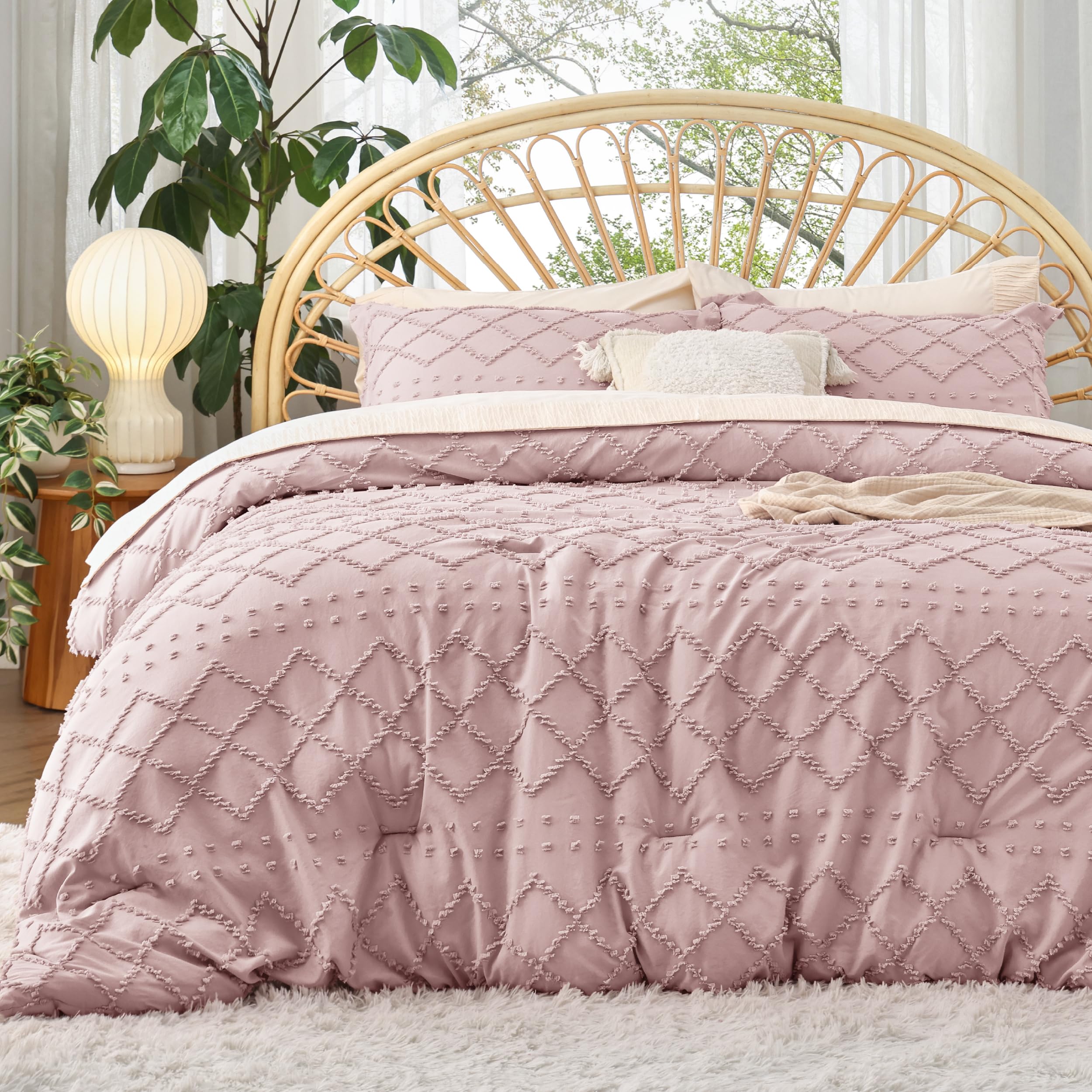 Photo 1 of Bedsure Queen Comforter Set - Dusty Rose Comforter, Boho Tufted Shabby Chic Bedding for Kids, 3 Pieces Vintage Farmhouse Bed Set for All Seasons, Fluffy Soft Bedding with 2 Pillow Shams