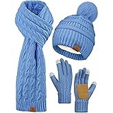URATOT Women Winter Beanie Hat Scarf Gloves 3 in 1 Set for Women Fleece Lined Beanie Pompom Hat Touchscreen Gloves Long Scarf